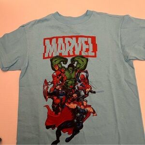 MARVEL BOYS CLASSIC SHORT SLEEVE TEE SHIRT SIZE 6-7  LIGHT BLUE BRAND NEW IN PKG